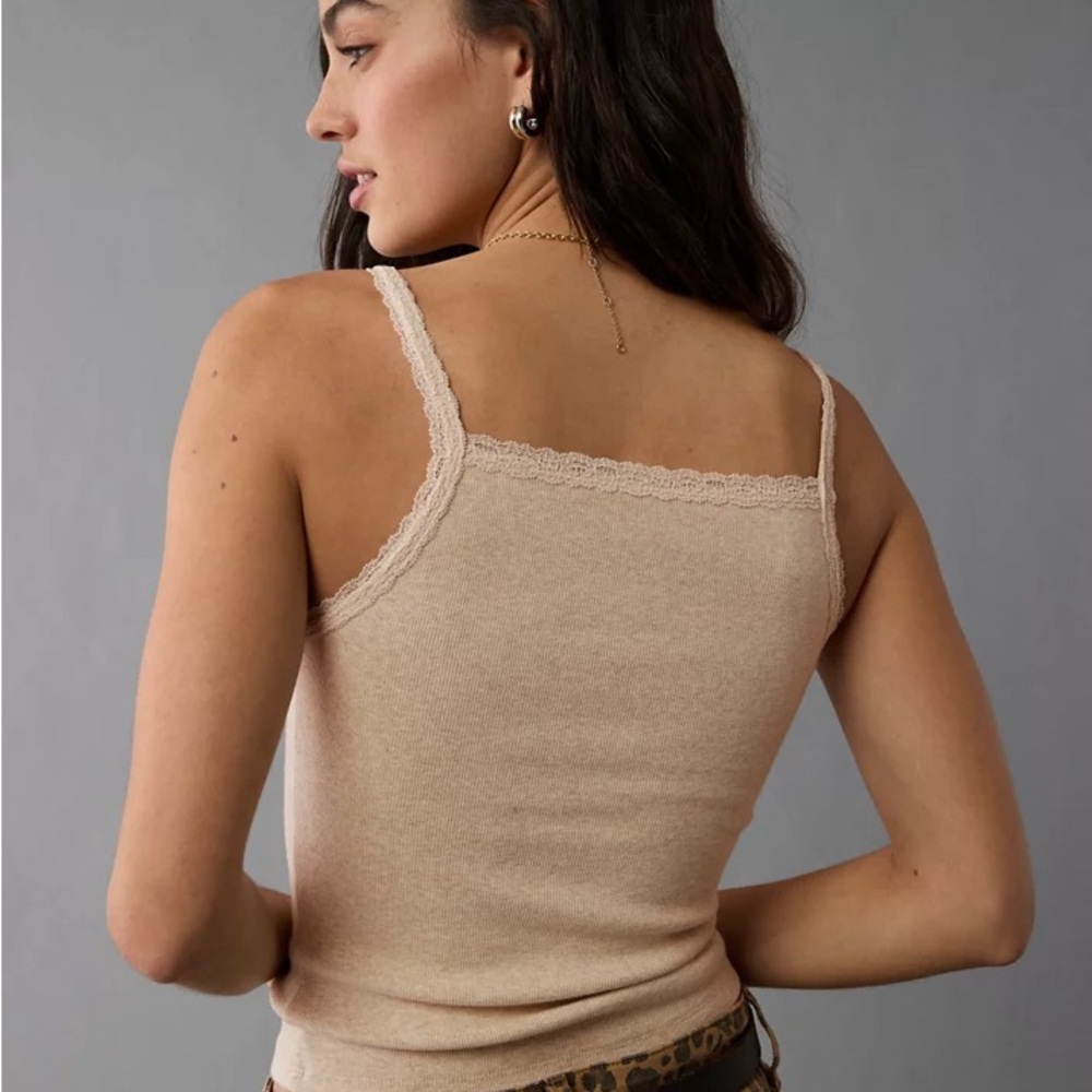 American Eagle Lace-Trim Ribbed Tank Cami in Light Beige - Size S - Picture 2 of 6